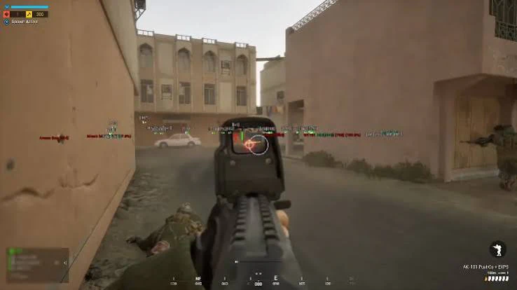 Squad street fight ESP with player name distance and health tags on AK-101