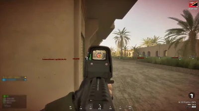 Squad ESP wallhack showing enemy vehicle and player tags through a wall with AK-101 holographic sight